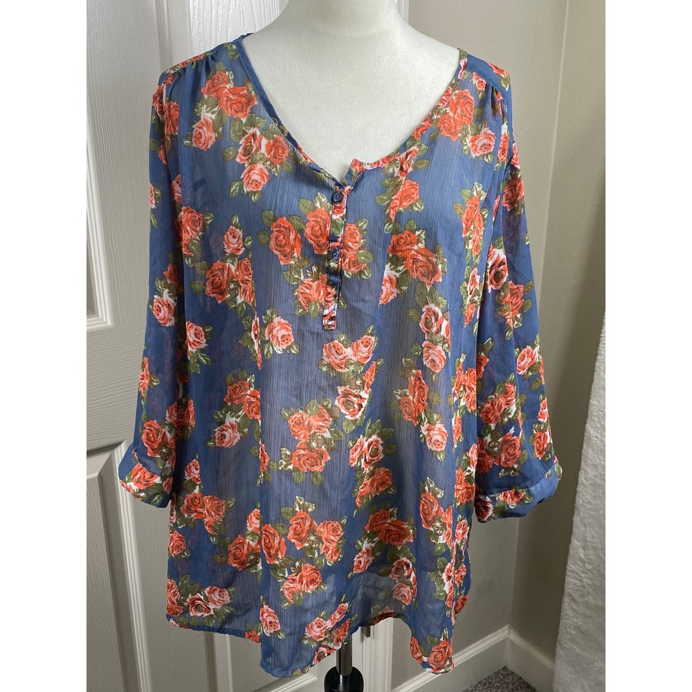 Bobbie‎ Brooks Floral Blouse Sheer 3/4 Sleeve Button Detail Boho Chic Plus 3X